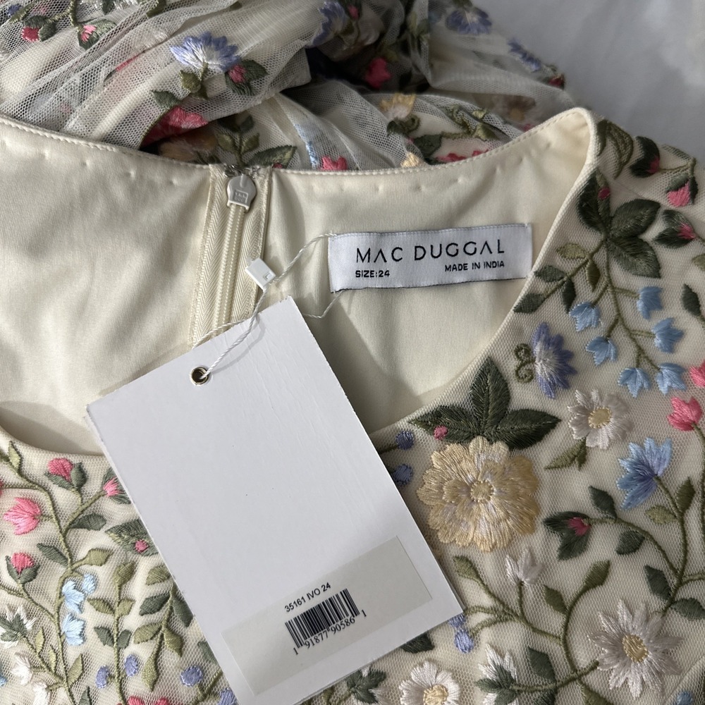 NWT Mac Duggal [ 24 ] 35161 Floral Embroidered Blouson Sleeve‎ Gown Ivory #S1967 - Picture 3 of 16